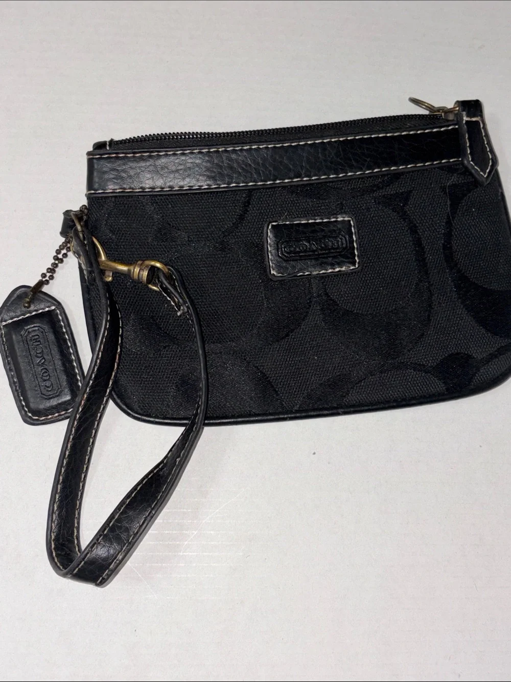 Coach Black Signature Wristlet with Leather Trim